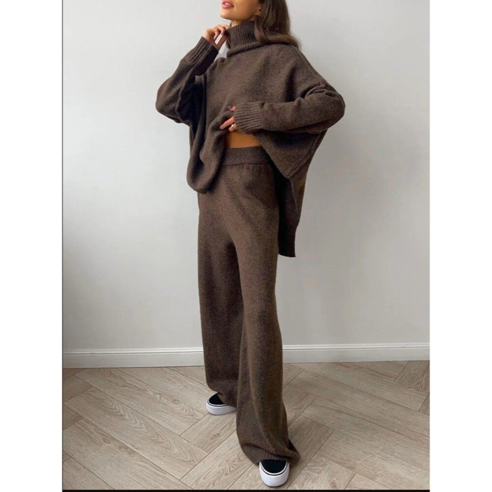 Commense Womens Turtleneck Knit Two Piece Set Loungewear Oversized Brown Medium - Picture 2 of 13
